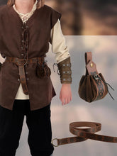 Load image into Gallery viewer, 6 Pcs Men&#39;s Halloween Renaissance Costume Set Medieval Vest Shirt Ankle Banded Pants Viking Belt Armband Pouch
