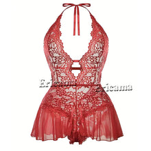 Load image into Gallery viewer, Hot Sell Crotchless Sexy Lingerie Women Lace Hollow Bodysuit Teddy Babydoll Dress Deep V Open Bra Erotic Underwear SET
