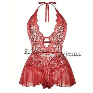 Hot Sell Crotchless Sexy Lingerie Women Lace Hollow Bodysuit Teddy Babydoll Dress Deep V Open Bra Erotic Underwear SET