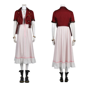 Game FF7 Adult Aerith Gainsborough Costume Cosplay Final Fantasy Remake Halloween Outfit Fancy Women Red Jacket Pink Dress