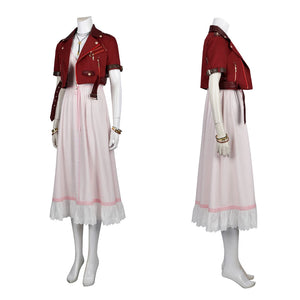 Game FF7 Adult Aerith Gainsborough Costume Cosplay Final Fantasy Remake Halloween Outfit Fancy Women Red Jacket Pink Dress