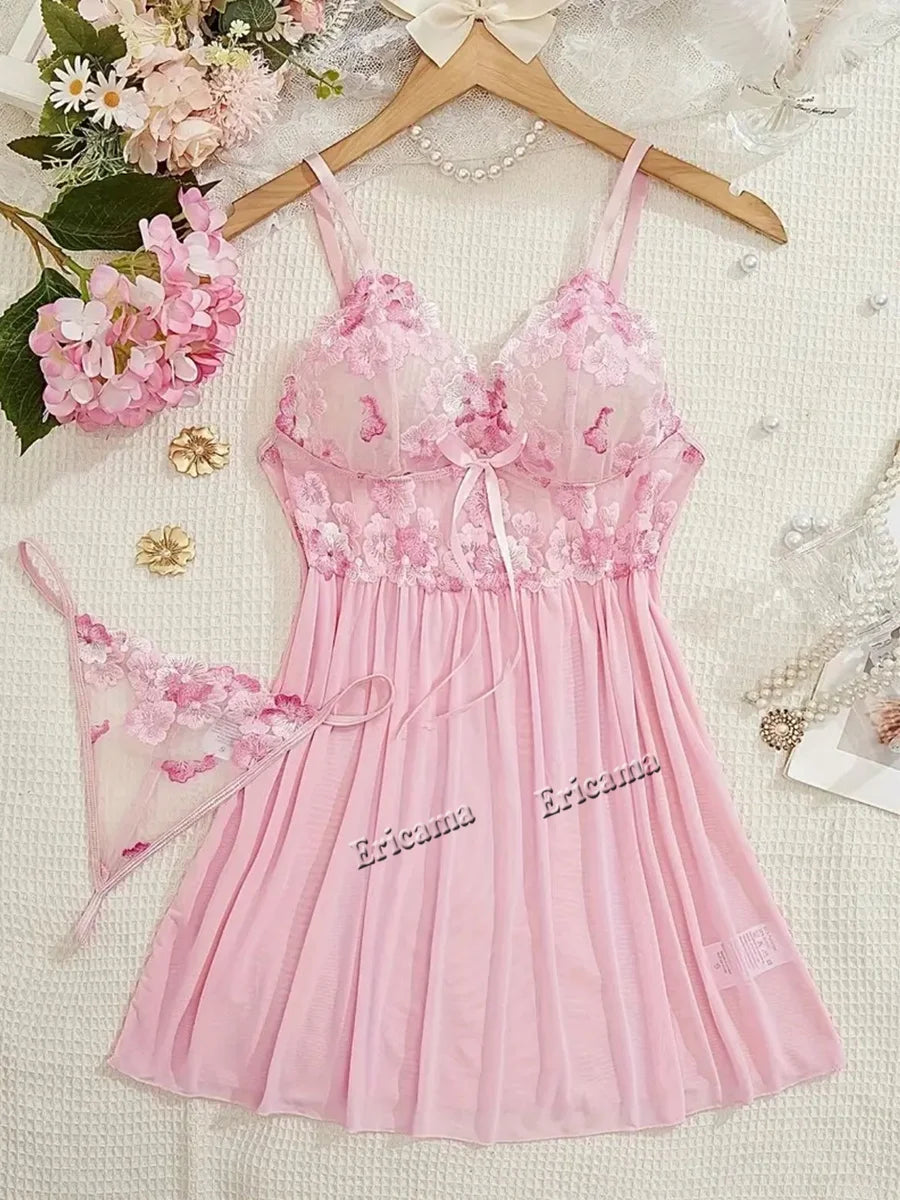 Women's Women Sexy Lingerie Set Erotic Bra Nightdress Sexy Lace Sleepwear Solid Slim Soft Dresses V NeckSleepwear & Dresses
