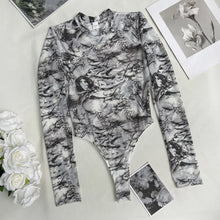Load image into Gallery viewer, Ellolace Dragon Print Lace Bodysuit See Through Long Sleeve Tight Body Fancy Mesh Tops Fantasy Bodysuits Open Crotch Teddy
