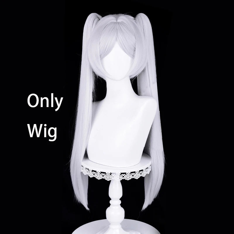 Anime Frieren Cosplay Wig 68cm Silver White Two Ponytails Heat Resistant Synthetic Hair + Wig Cap