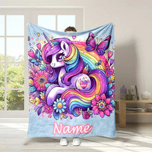 Load image into Gallery viewer, (Memo U Name) Customized Name Personalized Blanket Cartoon Unicorn Print Warm and Comfortable Blanket for Adults and Kids Gifts
