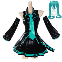 Load image into Gallery viewer, Black Green Leather Miku Cosplay Costume Wig Patent Leather Latex Women Girl Uniform Dress Anime Halloween Carnival Party Outfit
