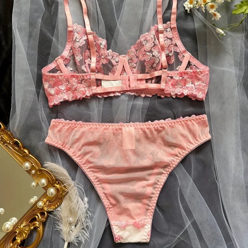 Mesh Sheer Lingerie Set – French Floral Embroidered Underwear, Sexy Bra & Briefs for Women