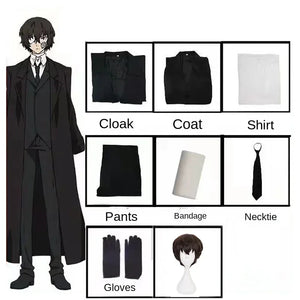 Dazai Osamu Cosplay Costume Bungo Stray Dogs Man and Woman Trench Coat Black Uniform Suits Unisex Wig Accessories