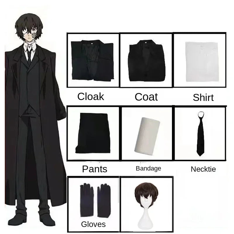 Dazai Osamu Cosplay Costume Bungo Stray Dogs Man and Woman Trench Coat Black Uniform Suits Unisex Wig Accessories