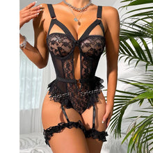Load image into Gallery viewer, Hot Contrast Lace Teddy Sexy Lingerie Set Lettuce Trim Heart Decor Cut Out Strappy Thong Bodysuit Women&#39;s Erotic Lingerie
