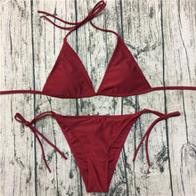 Load image into Gallery viewer, Fashion New Swimwear Women&#39;s Sexy Triangle Bikini Small Chest Strap Three-Point Wine Reddish Black Coffee Color Bikini
