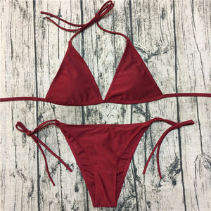 Fashion New Swimwear Women's Sexy Triangle Bikini Small Chest Strap Three-Point Wine Reddish Black Coffee Color Bikini
