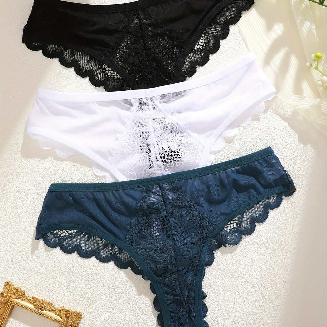 3pcs Women's Lace Trim Sexy Sheer Thong Set, Intimate Wear, Thong Collection, Feminine Lingerie, Elegant Thongs, Soft Lace, Comfortable Fit, Vstring Panties, Lowrise Underwear, Sensual Undergarments, Lingerie Lovers