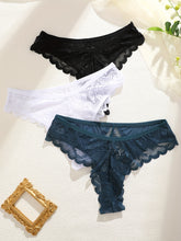 Load image into Gallery viewer, 3pcs Women&#39;s Lace Trim Sexy Sheer Thong Set, Intimate Wear, Thong Collection, Feminine Lingerie, Elegant Thongs, Soft Lace, Comfortable Fit, Vstring Panties, Lowrise Underwear, Sensual Undergarments, Lingerie Lovers
