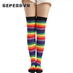 Rainbow Pattern Women Multicolor Socks Thigh High Long - CosCouture