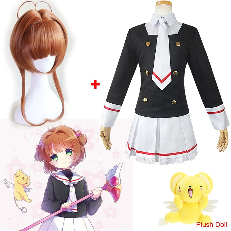Anime Kinomoto Sakura Cosplay Costume Card Captor JK Uniforms Suit Girl's Sailor Suit Cerberus Doll and Sakura Wig+Free Wig Cap - CosCouture