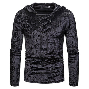 Men's Scottish Jacobite Ghillie Kilt Lace-up Hooded T-shirt Long Sleeve Velvet Hoodies Tshirts Male Hip Hop Casual Black Top Tee - CosCouture