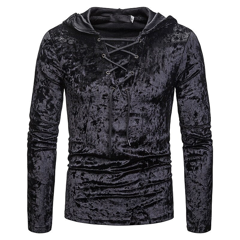 Men's Scottish Jacobite Ghillie Kilt Lace-up Hooded T-shirt Long Sleeve Velvet Hoodies Tshirts Male Hip Hop Casual Black Top Tee - CosCouture