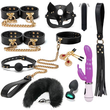 Load image into Gallery viewer, BLACKWOLF BDSM Bondage Kits Genuine Leather Restraint Set Handcuffs Collar Gag Rabbit Vibrators Adult Sex Toys For Women Couples
