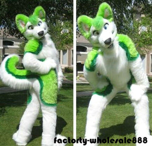 Green Husky Dog Fox Fursuit Furry Mascot Costume Suits Long Fur Adult Party Cosplay Game Dress Outdoor Outfit Birthday Party - CosCouture