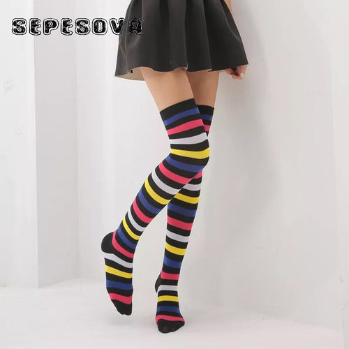 Rainbow Pattern Women Multicolor Socks Thigh High Long - CosCouture