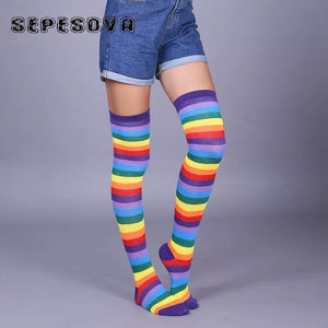 Rainbow Pattern Women Multicolor Socks Thigh High Long - CosCouture