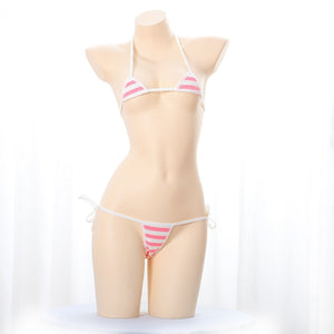 Japanese Sexy Lingerie Lolita Kawaii Blue Pink White Striped Mini Bikini Adult Cosplay Erotic Costumes Bra Women Underwear Set