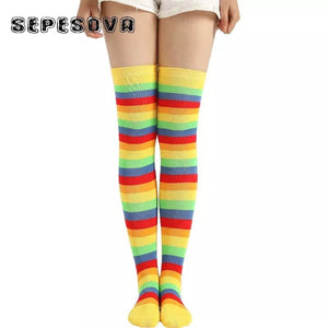 Rainbow Pattern Women Multicolor Socks Thigh High Long - CosCouture