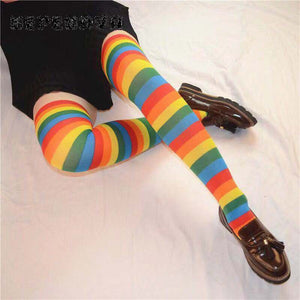 Rainbow Pattern Women Multicolor Socks Thigh High Long - CosCouture