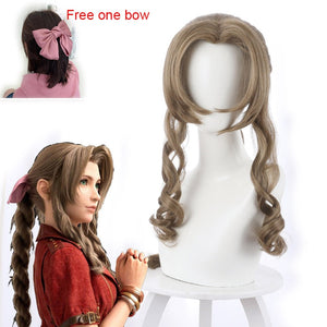 Aerith Gainsborough Cosplay Wig Final Fantasy VII Remake Alice Hair Women Ponytail and Free Bow Headwear+Wig Cap - CosCouture