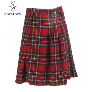 Scottish Mens Kilt Traditional Red Plaid Belt Pleated Chain Bilateral Short Skirt Gothic Punk Scotland Skirts Tartan Trousers XL - CosCouture