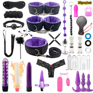 Leather BDSM Kit Bondage Set Adult Toys Sex Games Handcuffs Whip sm Sex Toy Kits Exotic Accessories Erotic Sex Toys for Couples