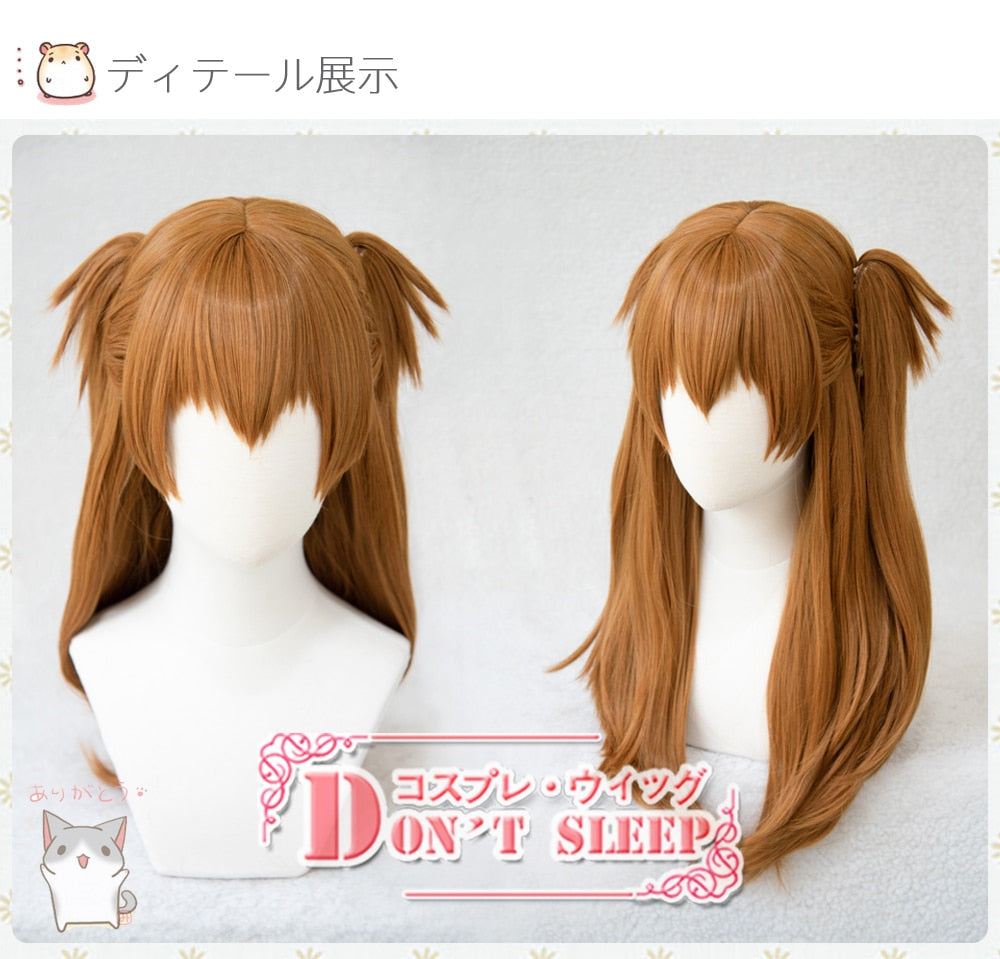 EVA Asuka Langley Soryu Long Orange Heat Resistant Synthetic Hair with 2 Ponytail Clips + Free Wig Cap / Prop Hairpin Headwear - CosCouture