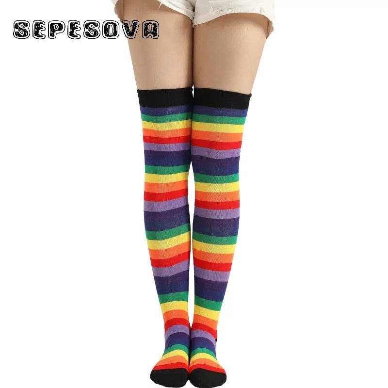 Rainbow Pattern Women Multicolor Socks Thigh High Long - CosCouture
