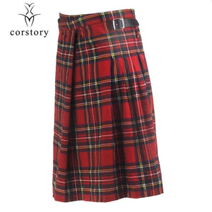 Scottish Mens Kilt Traditional Red Plaid Belt Pleated Chain Bilateral Short Skirt Gothic Punk Scotland Skirts Tartan Trousers XL - CosCouture