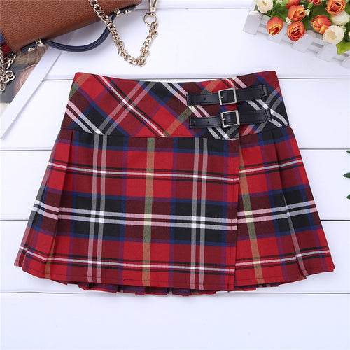 4-14 Years Fashion Pleated Side Split Plaid Kids Girls  A-line Skirt Tartan Kilt with Faux Leather Buckle School Girls Skirt - CosCouture