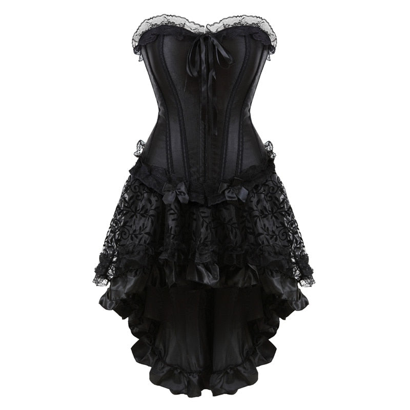 Sapubonva burlesque corset and skirt set irregular lace up gothic bustier corset dresses for women adjustable plus size black