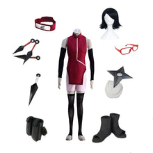 Load image into Gallery viewer, Brdwn Naruto Boruto Women&#39;s Uchiha Sarada Ninja Cosplay Costume (cheongsam+shorts+Headband+glasses+Shoes+Kunai+bag+shuriken) - CosCouture
