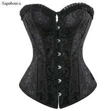 Load image into Gallery viewer, Sapubonva womens satin gothic corsets and bustiers tops steel boned overbust corset sexy lingerie corset plus size black white
