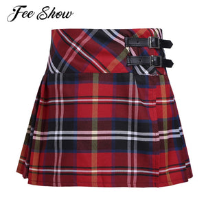 4-14 Years Fashion Pleated Side Split Plaid Kids Girls  A-line Skirt Tartan Kilt with Faux Leather Buckle School Girls Skirt - CosCouture