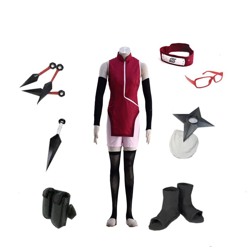Brdwn Naruto Boruto Women's Uchiha Sarada Ninja Cosplay Costume (cheongsam+shorts+Headband+glasses+Shoes+Kunai+bag+shuriken) - CosCouture