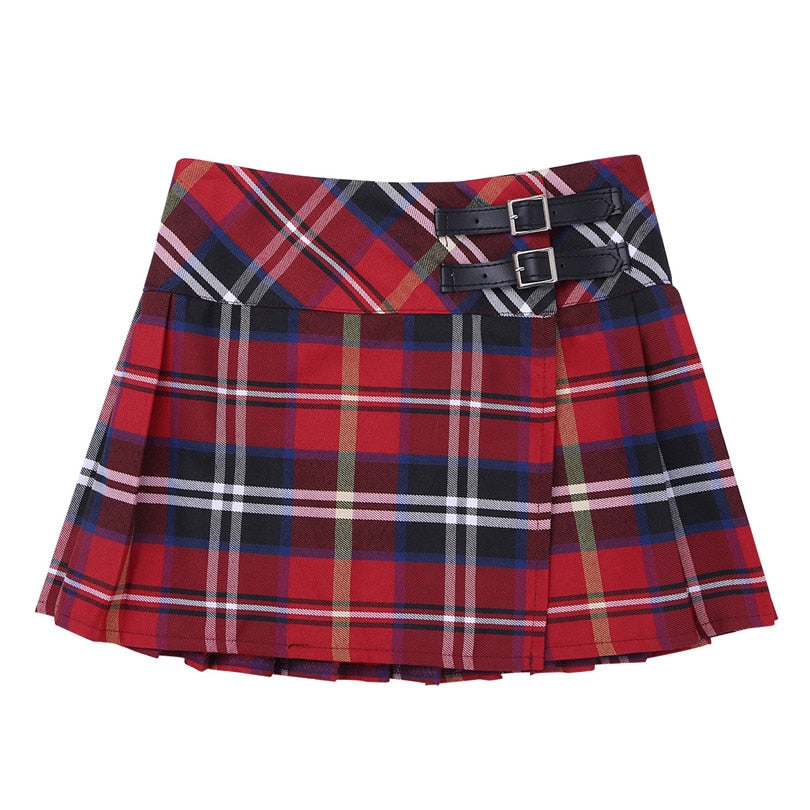 4-14 Years Fashion Pleated Side Split Plaid Kids Girls  A-line Skirt Tartan Kilt with Faux Leather Buckle School Girls Skirt - CosCouture