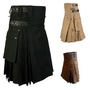 Holiday Utility Kilt Cargo Pocket Tartan Pleated Skirt Celtic Scottish Larp Costume Strap Cotton Bottoms Solid Color For Men - CosCouture