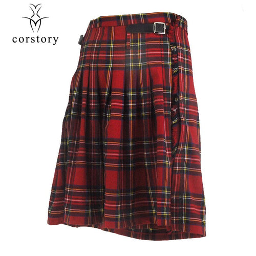 Scottish Mens Kilt Traditional Red Plaid Belt Pleated Chain Bilateral Short Skirt Gothic Punk Scotland Skirts Tartan Trousers XL - CosCouture