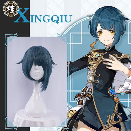 UWOWO Game Genshin Impact Xingqiu Cosplay Wig 30cm Short Grey Blue Genshin Impact Xing Qiu Wigs Heat Resistant Synthetic - CosCouture