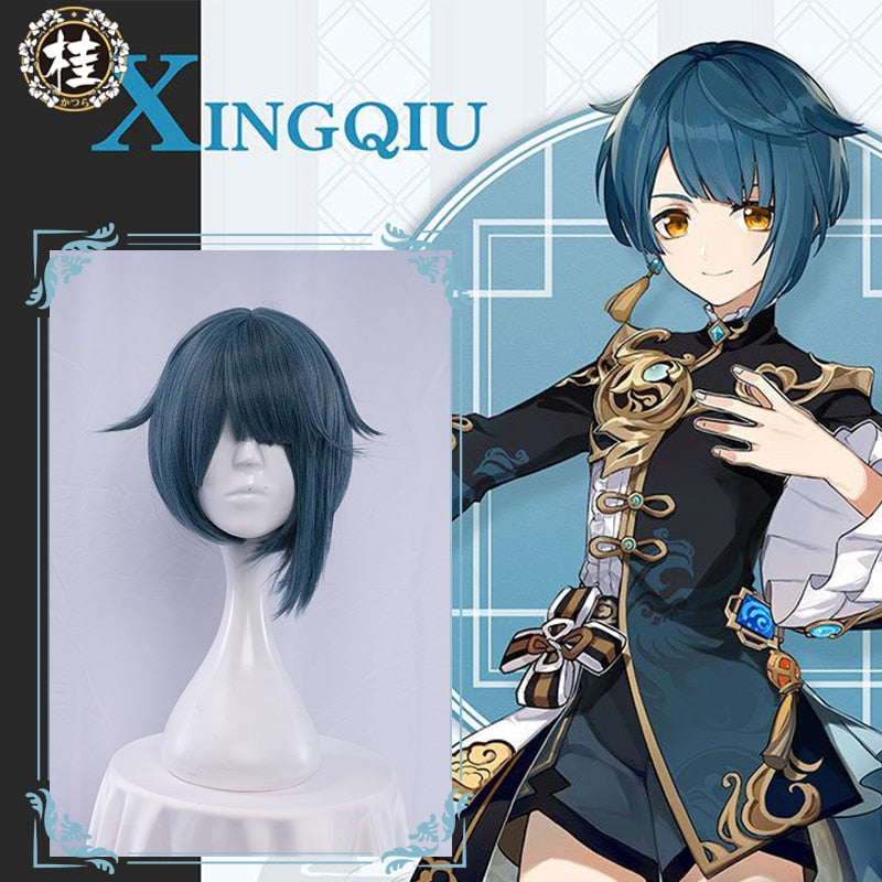 UWOWO Game Genshin Impact Xingqiu Cosplay Wig 30cm Short Grey Blue Genshin Impact Xing Qiu Wigs Heat Resistant Synthetic - CosCouture