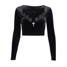 Load image into Gallery viewer, Goth Black Long Sleeve Corset Crop Tops Women Aesthetic Sexy V-Neck Velvet Lace Mesh T-Shirts Y2K Harajuku Vintage Fashion Tops
