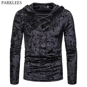 Men's Scottish Jacobite Ghillie Kilt Lace-up Hooded T-shirt Long Sleeve Velvet Hoodies Tshirts Male Hip Hop Casual Black Top Tee - CosCouture