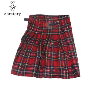 Scottish Mens Kilt Traditional Red Plaid Belt Pleated Chain Bilateral Short Skirt Gothic Punk Scotland Skirts Tartan Trousers XL - CosCouture