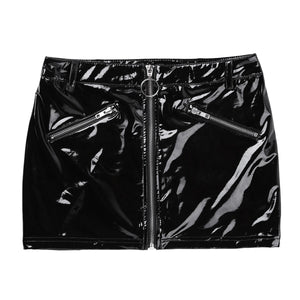 Women Ladies Wetlook Patent Leather Mini Skirts Fake Zipper Pockets Bodycon Sexy Pole Dancing Clubwear Stage Performance Skirt